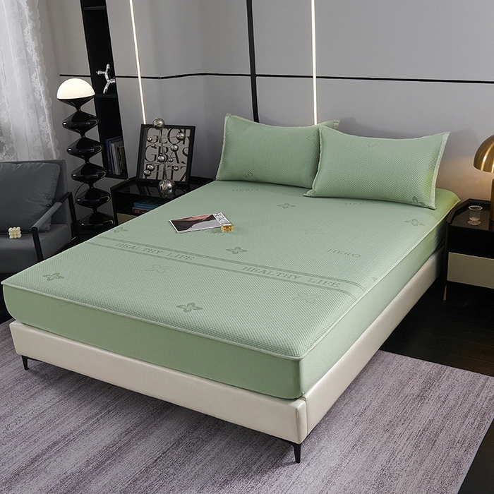 91家纺网 家纺一手货源 找家纺 梵克保罗 2025新款7A抗菌母婴级纯乙纶PE刺绣凉感丝豆豆席 床笠款 床笠款 四叶花-水绿