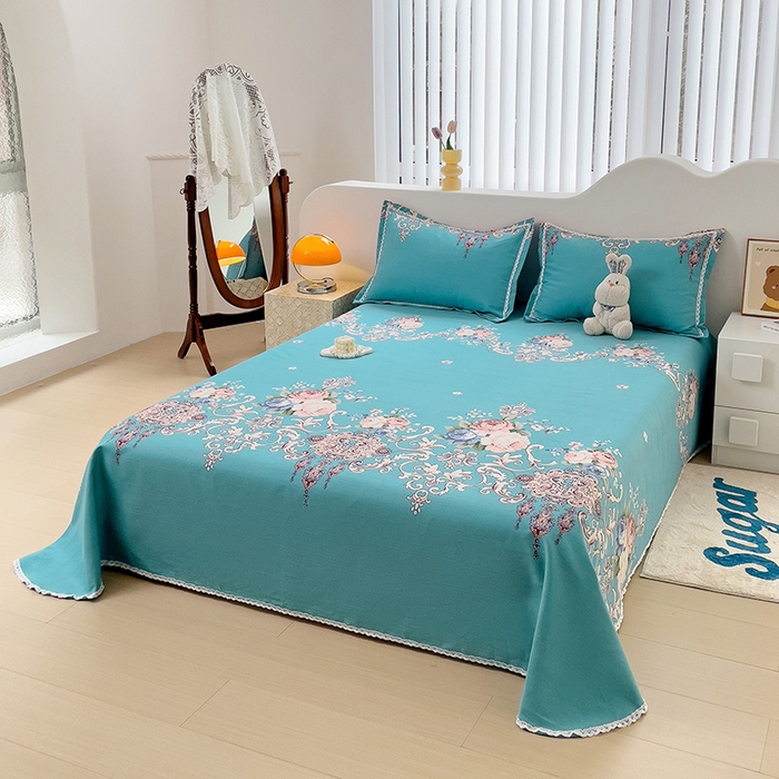 91家纺网 家纺一手货源 找家纺 梵克保罗 2025新款鱼骨棉老粗布凉席花边款床单三件套 欧式风情-蓝