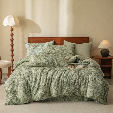 91家纺网 家纺一手货源 找家纺 2025新款40s全棉双层纱圆角吊边款四件套 莫奈-橄榄绿