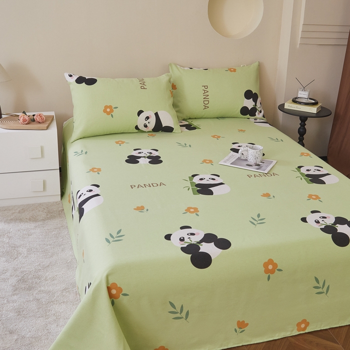 91家纺网 家纺一手货源 找家纺 绒艺席业 2025新款简约原棉印花老粗布床单 熊猫抱竹