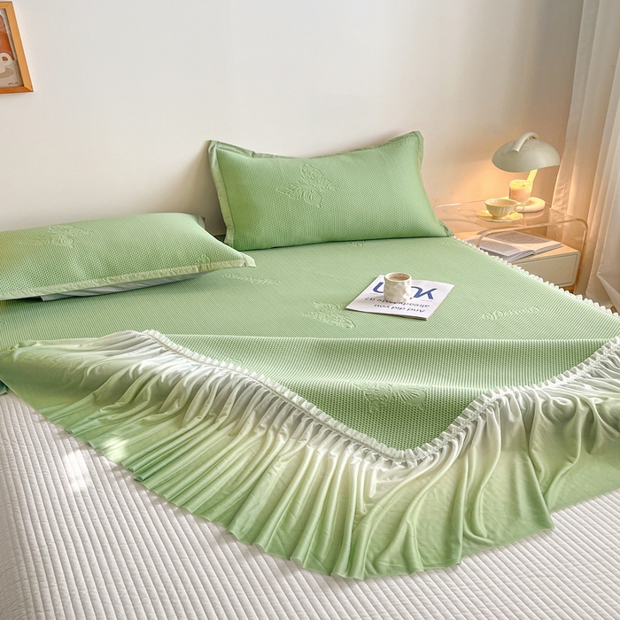 91家纺网 家纺一手货源 找家纺 安哆啦家纺 2025新款凉感冰豆豆花边凉席三件套系列 豆豆床裙-果绿