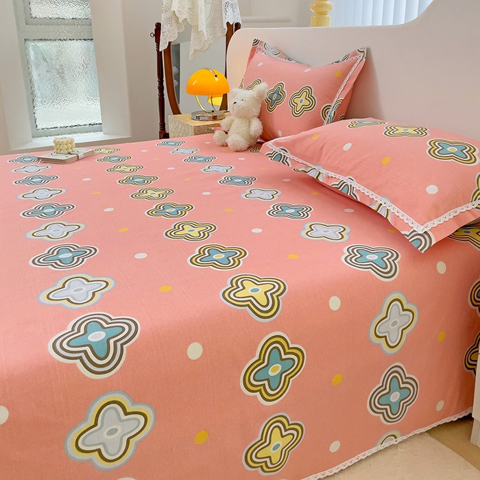 91家纺网 家纺一手货源 找家纺 梵克保罗 2025新款鱼骨棉老粗布凉席花边款床单三件套 四叶草-玉