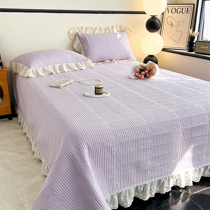 91家纺网 家纺一手货源 找家纺 沐纯家居 2025新款棉小乐花边床盖三件套 梦幻紫