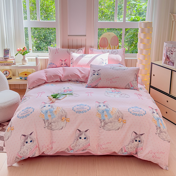 91家纺网 家纺一手货源 找家纺 澳梵家居 2025新款小清新全棉印花四件套 优雅猫咪