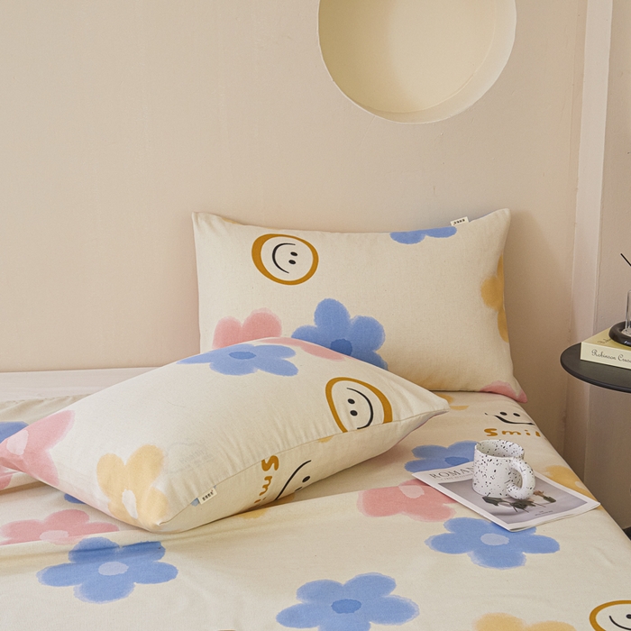 91家纺网 家纺一手货源 找家纺 绒艺席业 2025新款简约原棉印花老粗布床单 笑脸