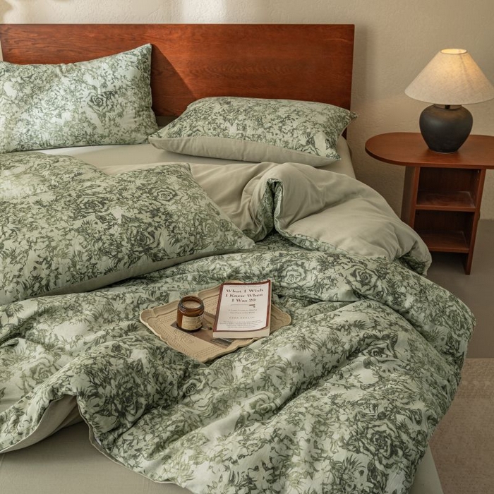 91家纺网 家纺一手货源 找家纺 2025新款40s全棉双层纱圆角吊边款四件套 莫奈-橄榄绿