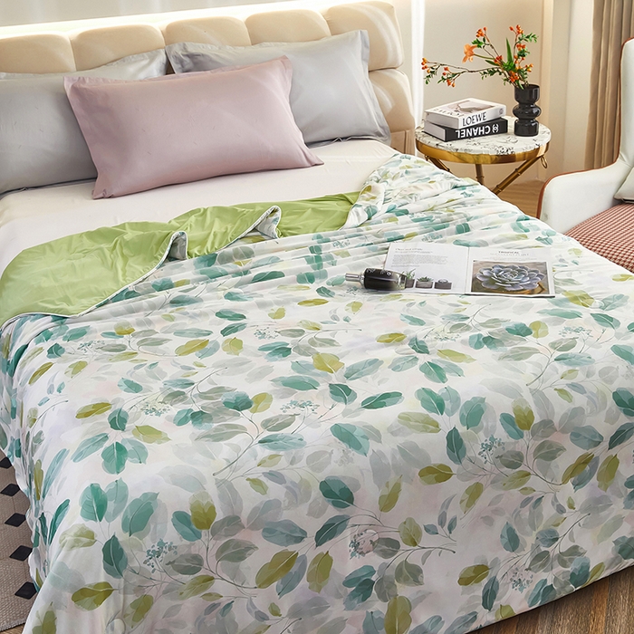 91家纺网 家纺一手货源 找家纺 联林2025新款玻尿酸针织凉感丝夏被夏凉被 叶知秋 绿