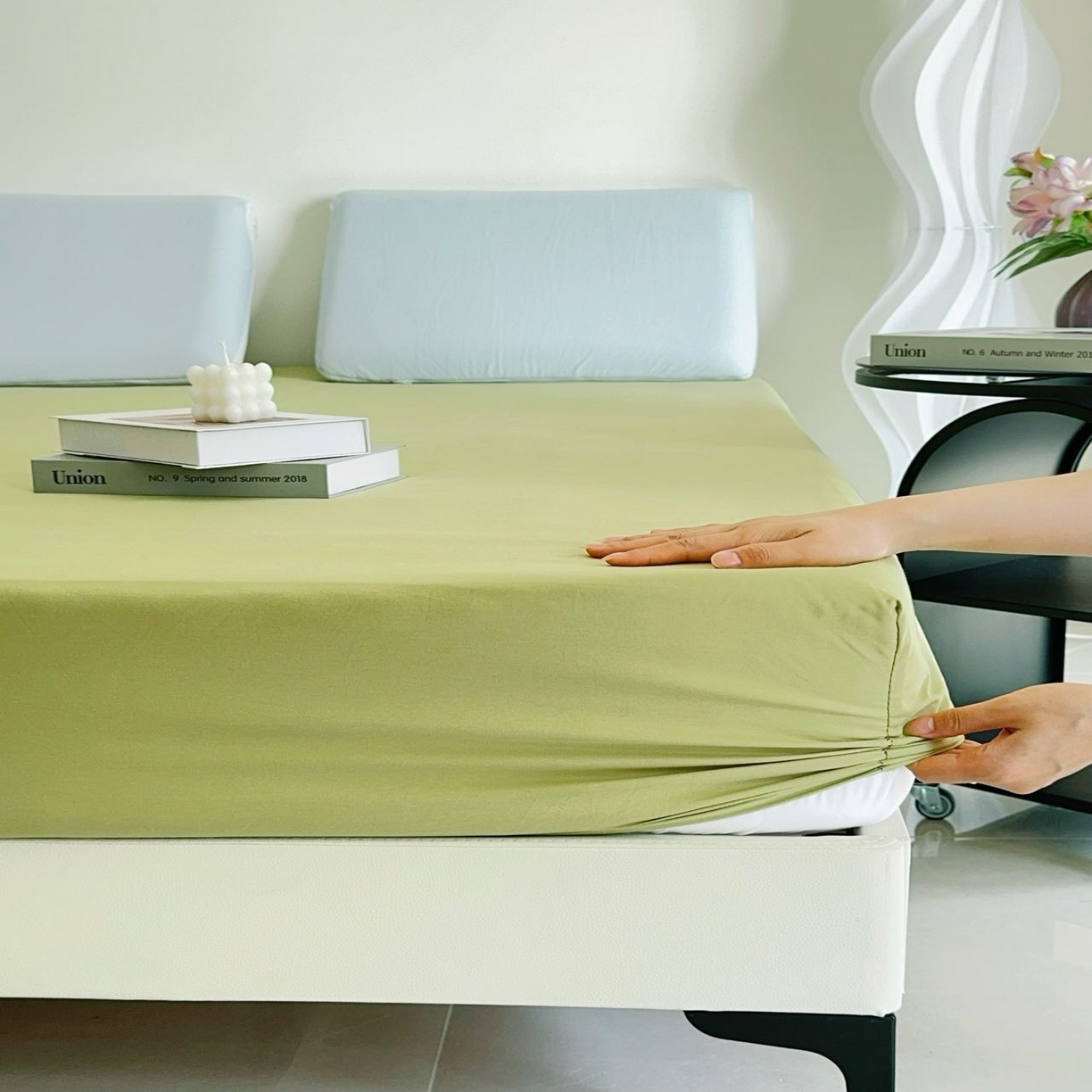 91家纺网 家纺一手货源 找家纺 兜米家居 2025新款纯色全棉床笠 山野绿