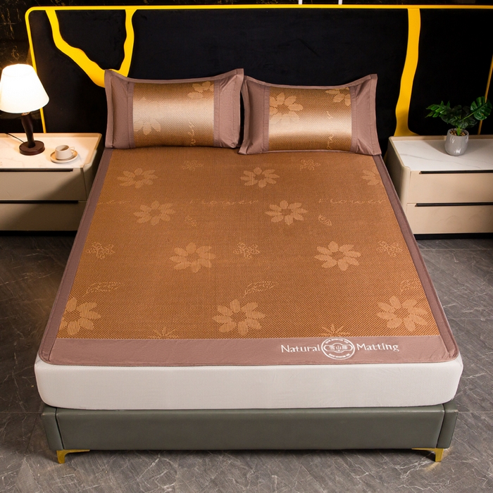 91家纺网 家纺一手货源 找家纺 卡罗兰 2025新款藤席提花凉席冰丝席床笠款-向阳花系列 向阳花-棕色