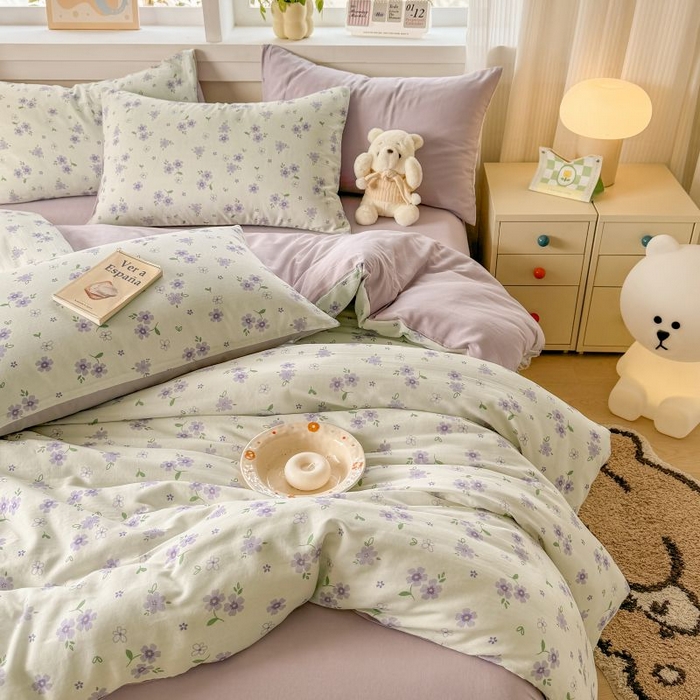 91家纺网 家纺一手货源 找家纺 2025新款40s全棉双层纱圆角吊边款四件套 浅梦-紫