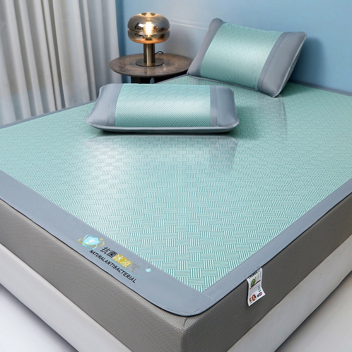 91家纺网 家纺一手货源 找家纺 2025新款凉席抗菌三明治可水洗碳光冰丝席宽边刺绣冰丝席 思绪 薄荷绿-床笠款