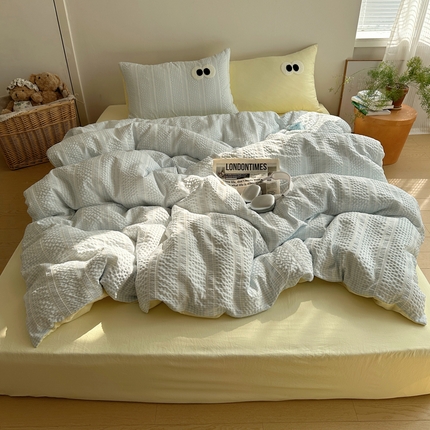 91家纺网 家纺一手货源 找家纺 顾里家纺 2025新款大眼混搭色织水洗棉毛巾绣套件 蓝黄格