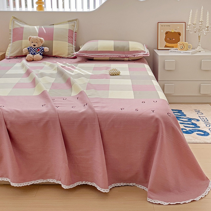 91家纺网 家纺一手货源 找家纺 梵克保罗 2025新款鱼骨棉老粗布凉席花边款床单三件套 宜家-粉