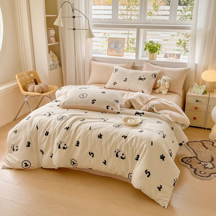 91家纺网 家纺一手货源 找家纺 2025新款40s全棉双层纱圆角吊边款四件套 DIY熊猫