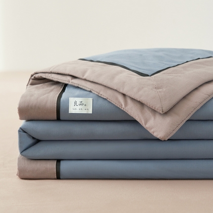 寐绸家纺 2025新款纯棉水洗棉简约双拼大豆纤维夏被四件套 牛仔蓝+浅灰