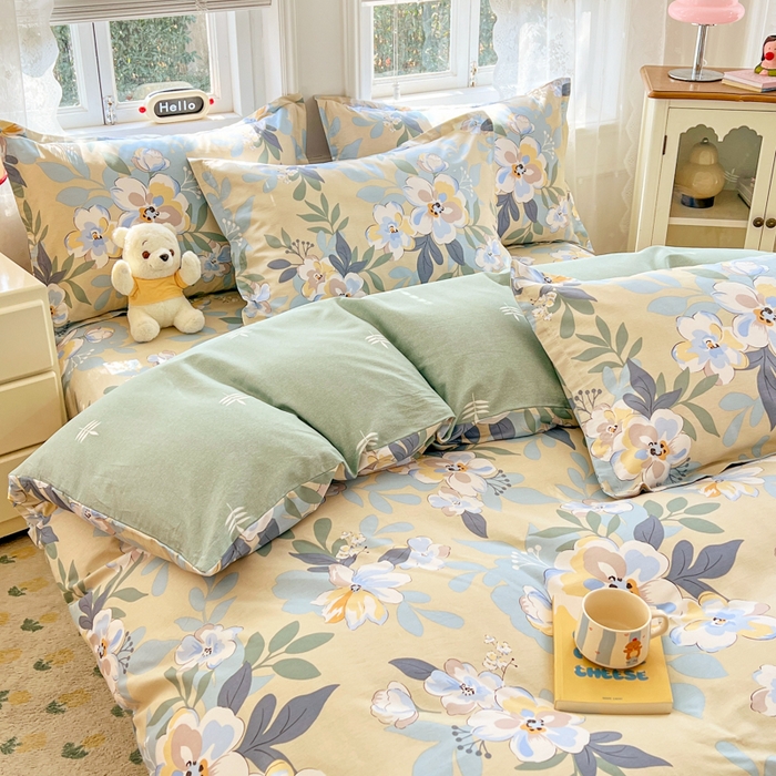 91家纺网 家纺一手货源 找家纺 世爵 2025新款全棉印花小清新套件系列-四件套 木棉花-绿