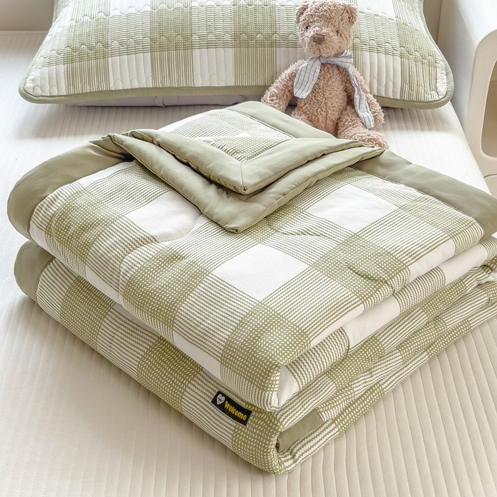 91家纺网 家纺一手货源 找家纺 慕木 2025春夏新款双层纱针织棉夏被夏凉被空调被 莫奈绿格