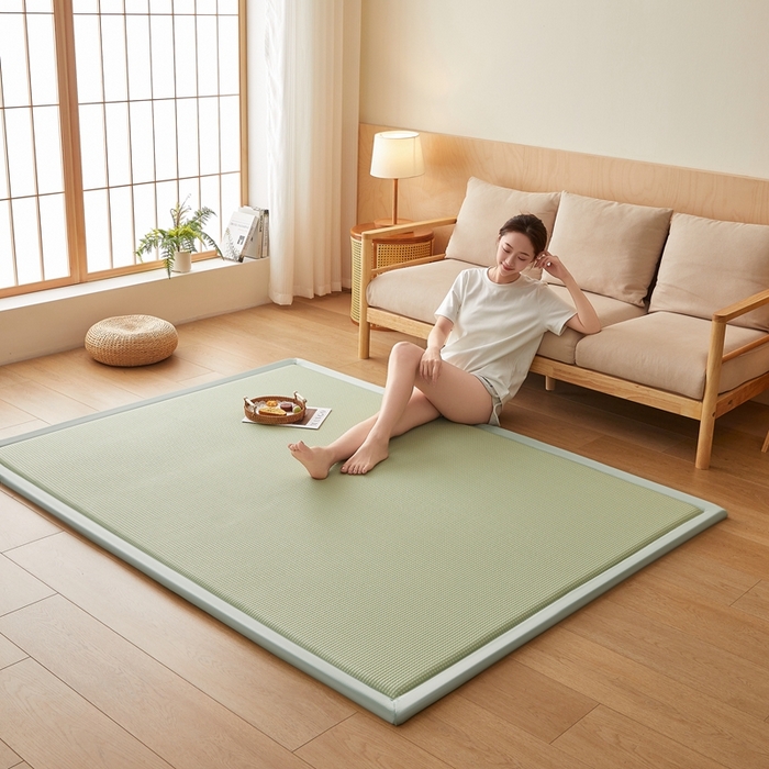91家纺网 家纺一手货源 找家纺 2025新款包边工艺凉感冰藤地铺睡垫系列凉席地垫 华夫格绿