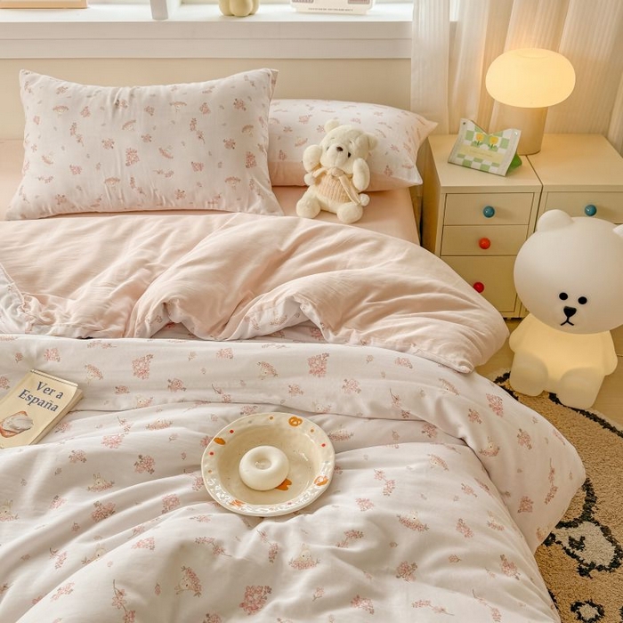 91家纺网 家纺一手货源 找家纺 2025新款40s全棉双层纱圆角吊边款四件套 初颜-粉