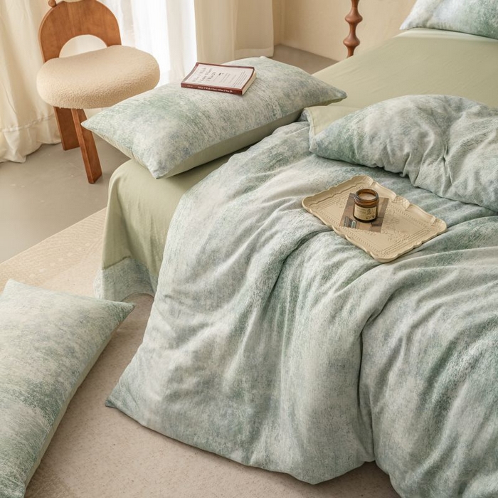 91家纺网 家纺一手货源 找家纺 2025新款40s全棉双层纱圆角吊边款四件套 浮生-灰绿