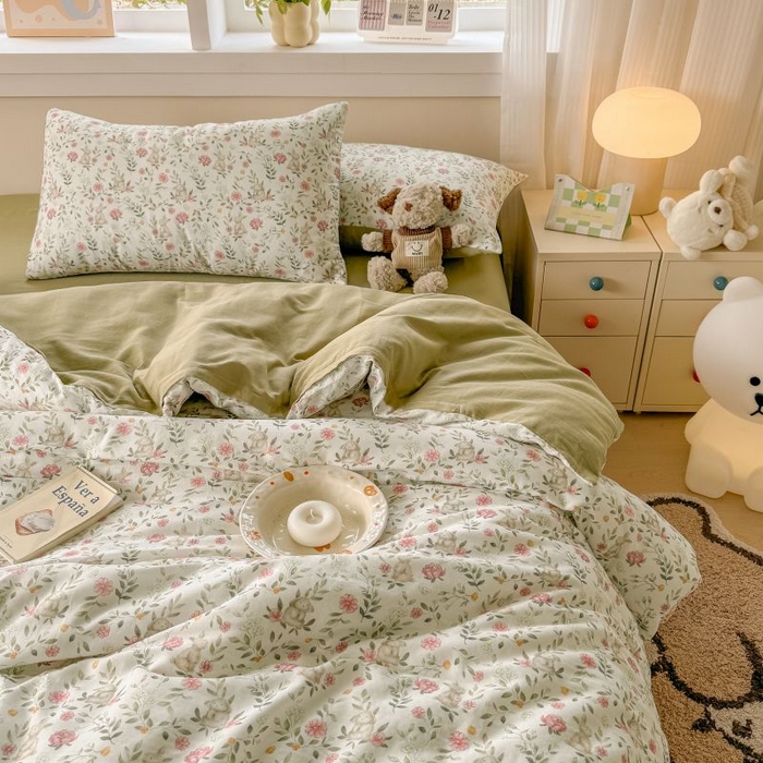 91家纺网 家纺一手货源 找家纺 2025新款40s全棉双层纱圆角吊边款四件套 仙女兔