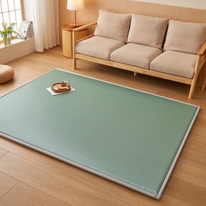 91家纺网 家纺一手货源 找家纺 2025新款包边工艺凉感冰藤地铺睡垫系列凉席地垫 冰丝饼干绿