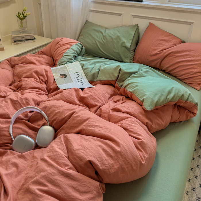 91家纺网 家纺一手货源 找家纺 （总）冕悠家纺 2025新款A类105克超柔褶皱水洗棉拼色四件套