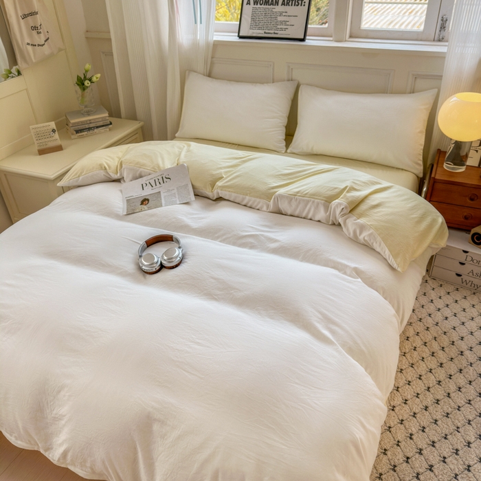 91家纺网 家纺一手货源 找家纺 冕悠家纺 2025新款A类105克超柔褶皱水洗棉拼色四件套-单被套 奶昔白+芝士黄
