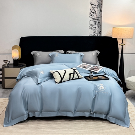 91家纺网 家纺一手货源 找家纺 沃尔居 2025新款亲肤舒适全棉纯棉绣花系列四件套 萨尔夫人-蓝灰