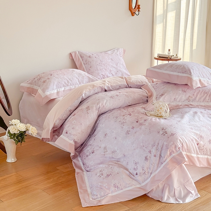 91家纺网 家纺一手货源 找家纺 巧玲珑 2025新款60支A类进口数码印花美式双拼四季款长绒棉四件套 岸芷汀兰