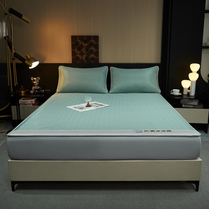 91家纺网 家纺一手货源 找家纺 小萌虎 2025新款碳光抗菌冰丝凉席床笠 饼干花-绿