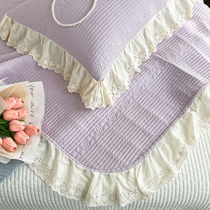 91家纺网 家纺一手货源 找家纺 沐纯家居 2025新款棉小乐花边床盖三件套 梦幻紫