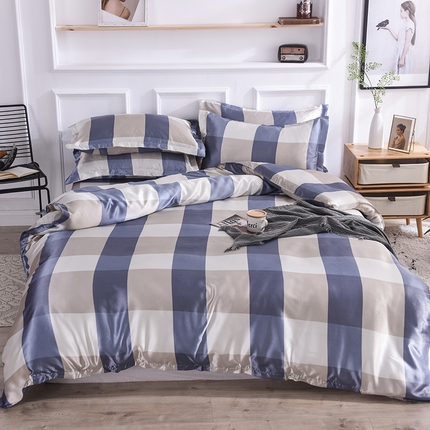 经年 2025新款条纹丝绸冰丝四件套 蓝白大格