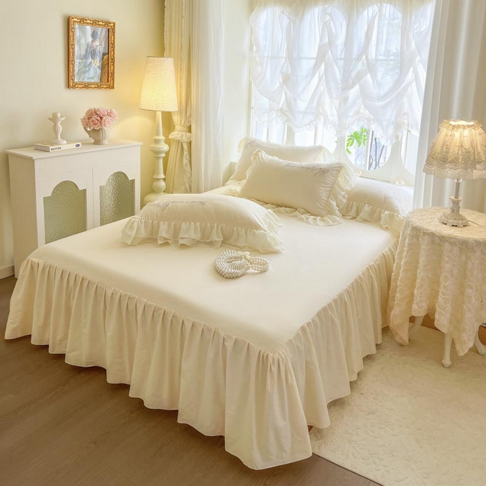 91家纺网 家纺一手货源 找家纺 亲亲公主 2025新款全棉绣花+蕾丝双层花边四件套-奶油玫瑰 奶油玫瑰一米白