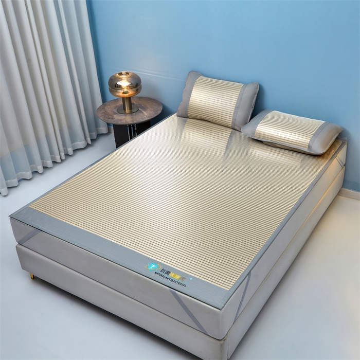 91家纺网 家纺一手货源 找家纺 2025新款凉席抗菌三明治可水洗碳光冰丝席宽边刺绣冰丝席 素夏 星光银-床席款