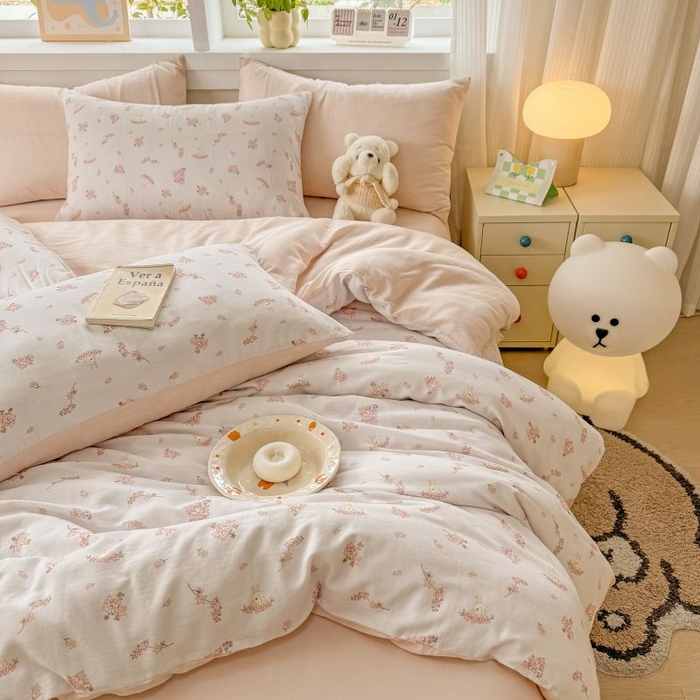 91家纺网 家纺一手货源 找家纺 2025新款40s全棉双层纱圆角吊边款四件套 初颜-粉