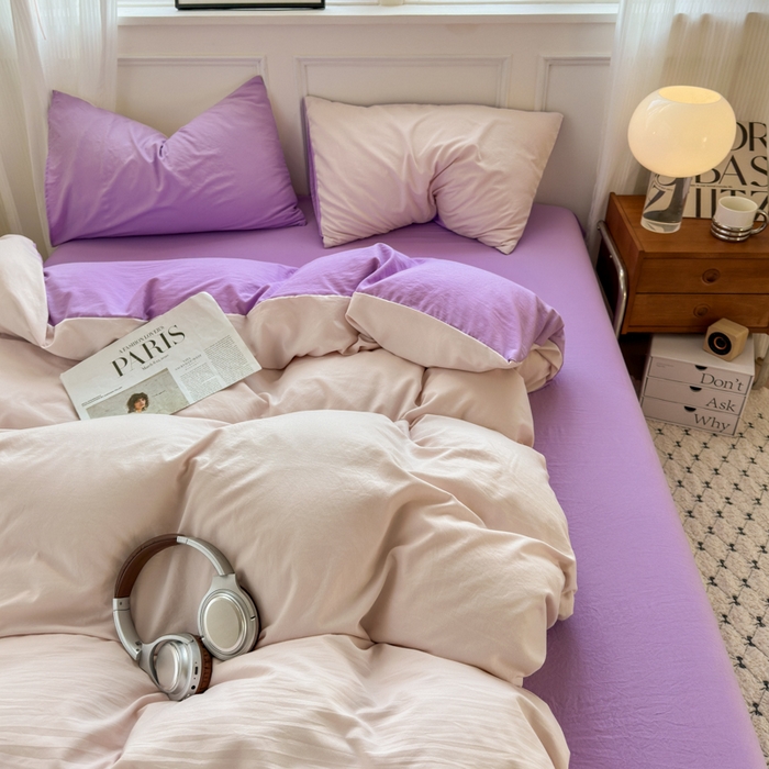 91家纺网 家纺一手货源 找家纺 冕悠家纺 2025新款A类105克超柔褶皱水洗棉拼色四件套-单被套 藕粉+丁香紫