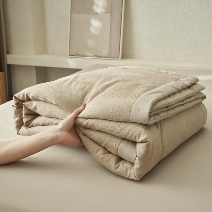 91家纺网 家纺一手货源 找家纺 寐绸家纺 2025新款纯棉水洗棉三层提花大豆纤维夏被四件套 肌理纹夏被-驼色