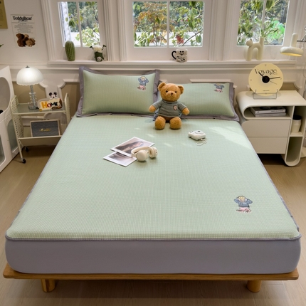 孩子王家纺 2025新款冰豆豆华夫格绣花床单床笠-练练熊系列 果绿床笠