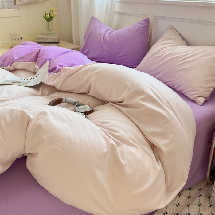 91家纺网 家纺一手货源 找家纺 冕悠家纺 2025新款A类105克超柔褶皱水洗棉拼色四件套-单被套 藕粉+丁香紫