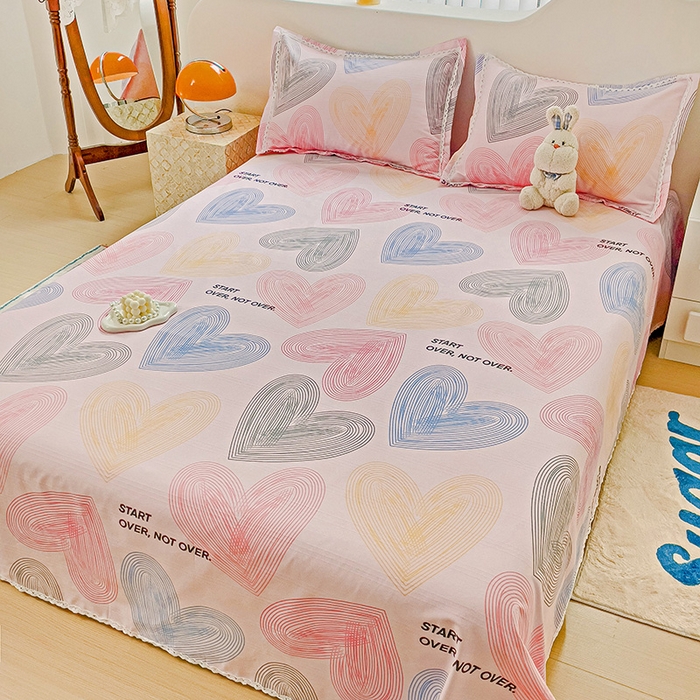 91家纺网 家纺一手货源 找家纺 梵克保罗 2025新款鱼骨棉老粗布凉席花边款床单三件套 心动-粉