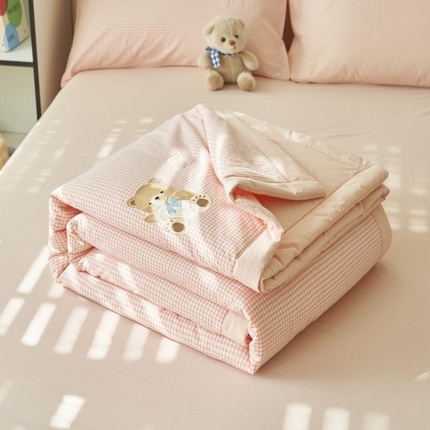 寐绸家纺  2025新款纯棉水洗棉微米格小熊款大豆纤维夏被四件套 小熊-浅粉