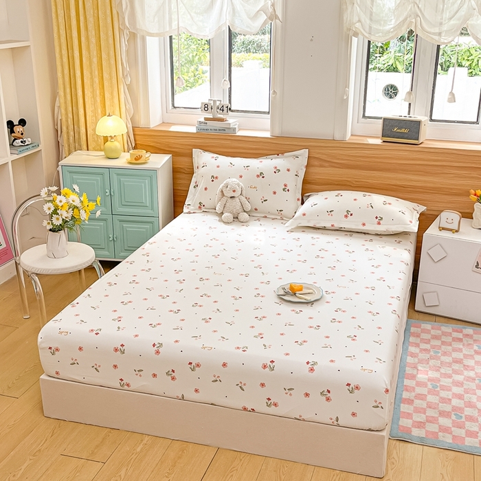 91家纺网 家纺一手货源 找家纺 默忆 2025新款针织双层纱印花糯小棉床笠 粉玫瑰