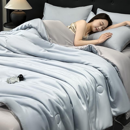 寐绸家纺 2025新款100%莱赛尔50天丝简约拼色大豆夏被四件套 天丝-淡蓝