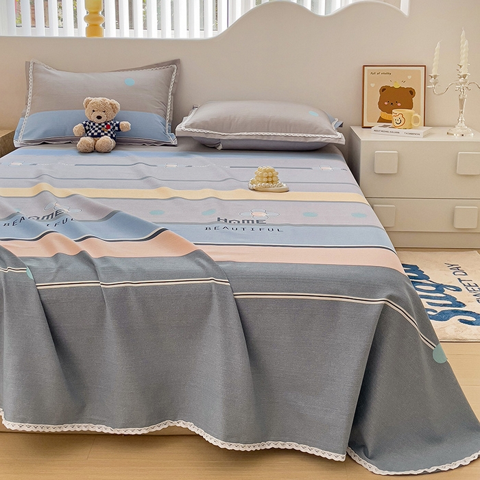 91家纺网 家纺一手货源 找家纺 梵克保罗 2025新款鱼骨棉老粗布凉席花边款床单三件套 保罗