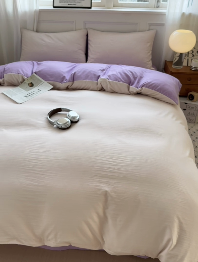 91家纺网 家纺一手货源 找家纺 冕悠家纺 2025新款A类105克超柔褶皱水洗棉拼色四件套 藕粉+丁香紫