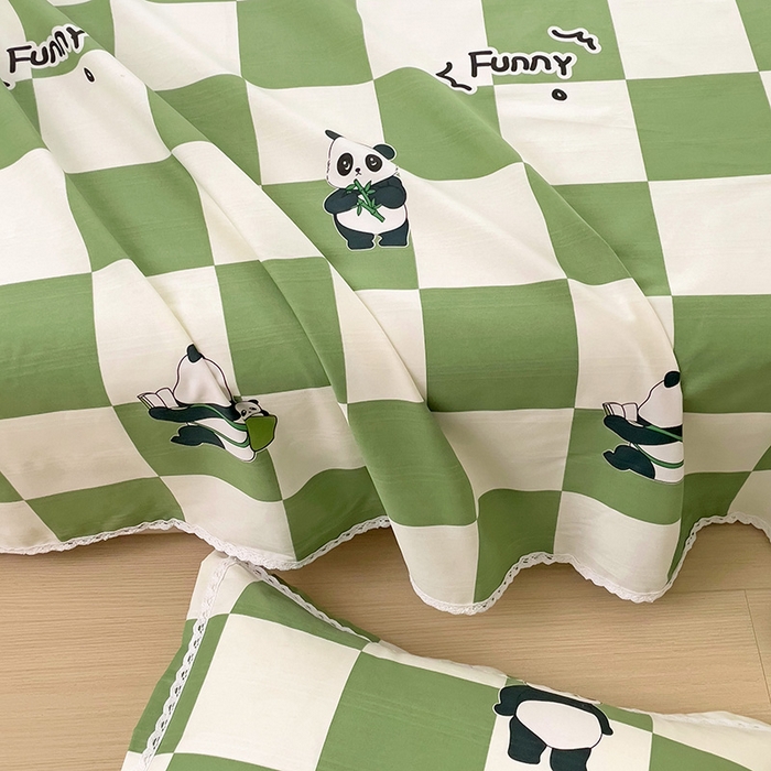 91家纺网 家纺一手货源 找家纺 梵克保罗 2025新款鱼骨棉老粗布凉席花边款床单三件套 熊猫