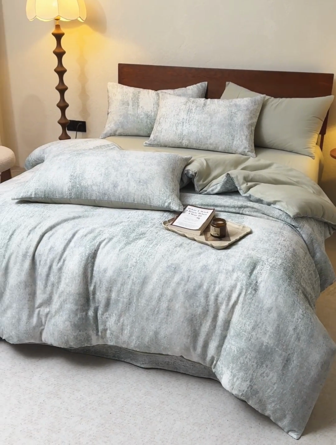 91家纺网 家纺一手货源 找家纺 2025新款40s全棉双层纱圆角吊边款四件套 浮生-灰绿