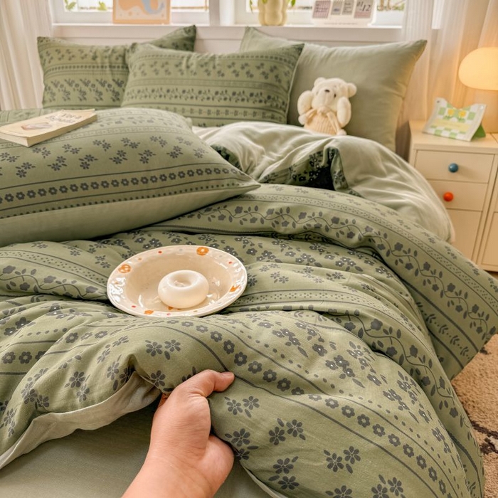 91家纺网 家纺一手货源 找家纺 2025新款40s全棉双层纱圆角吊边款四件套 爱丽丝花园-橄榄绿