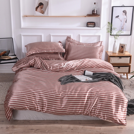 经年 2025新款条纹丝绸冰丝四件套 红棕中条